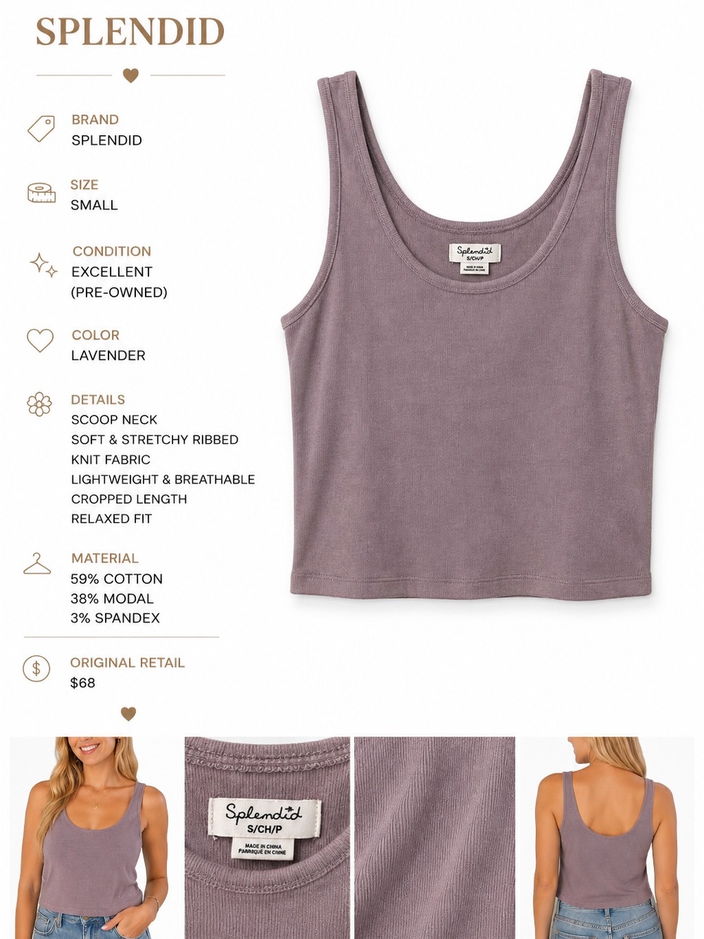 Splendid Mauve Scoop Neck Ribbed Cropped Tank